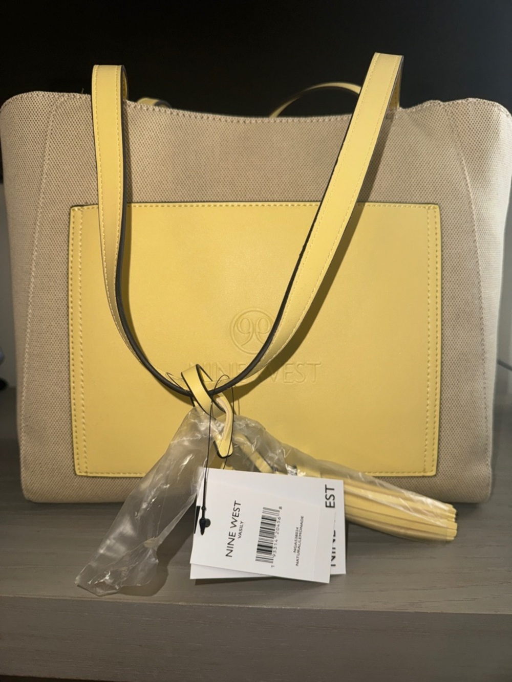 Nine West Cream Canvas Tote with Yellow Leather Like Accents